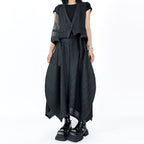 V-neck Gauze Vest Asymmetric Pleated Loose Curved Skirt