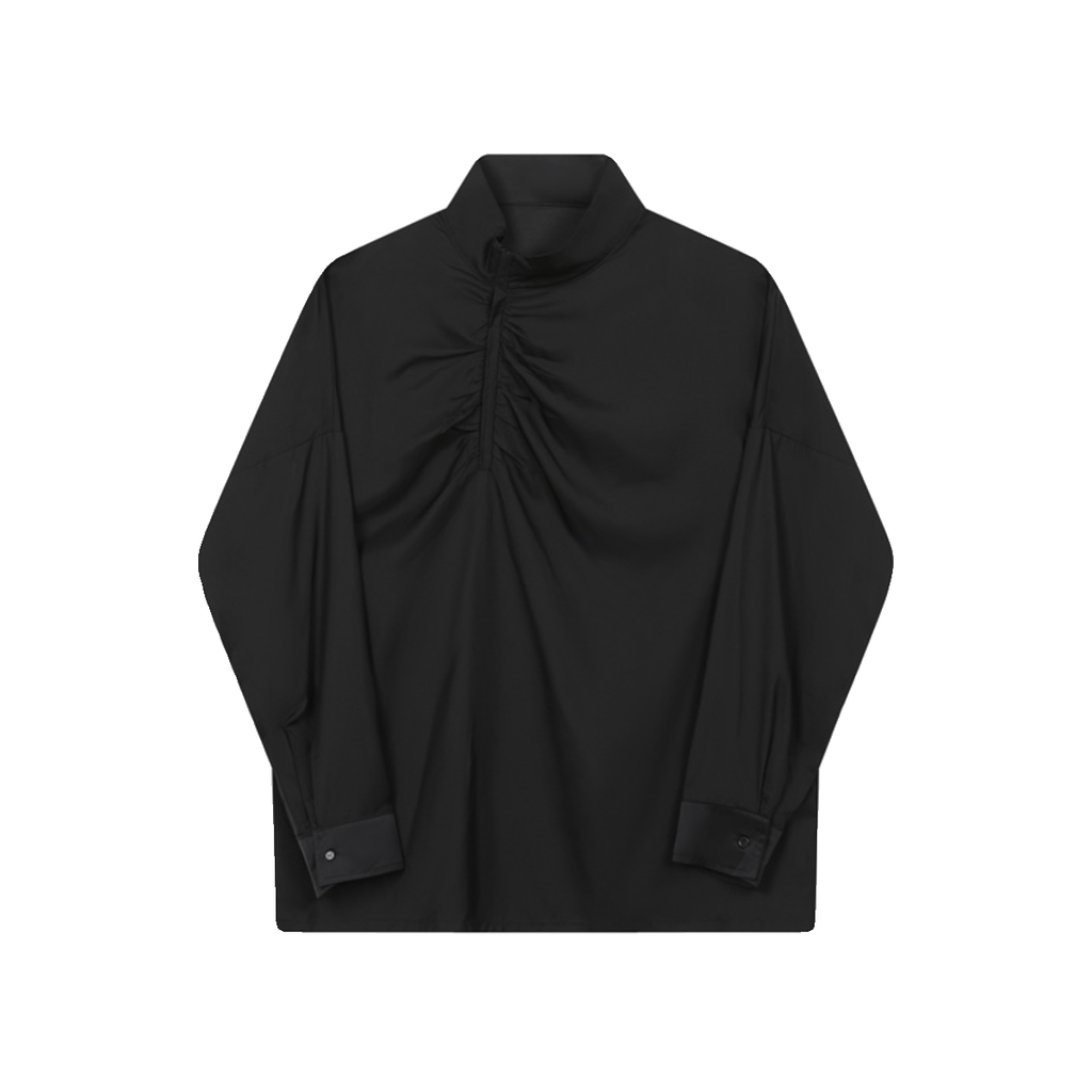 Pleated Stand Collar Solid Long Sleeve Shirt