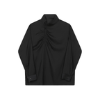 Pleated Stand Collar Solid Long Sleeve Shirt