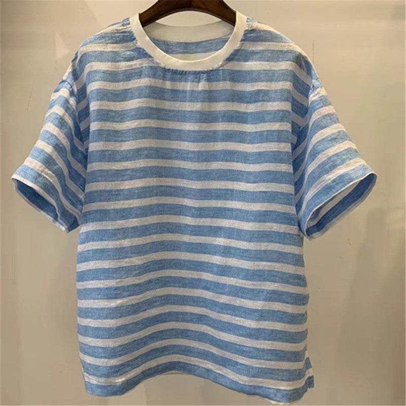 Japanese Striped Linen Loose Round Neck T-shirt