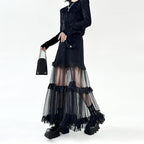 French Denim Patchwork Mesh Skirt