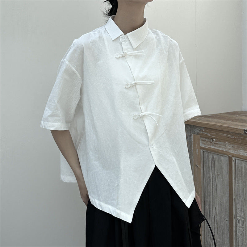 Slanted Buttoned Solid Color Irregular Shirt