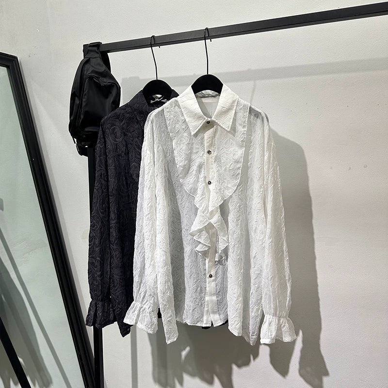 Vintage Pleated Embossed French Loose Hollow Breathable Shirt