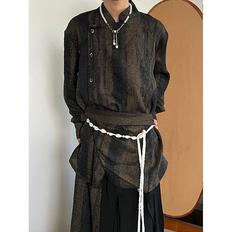 Vintage Tie-dye Ribbon Stand Collar Pleated Shirt