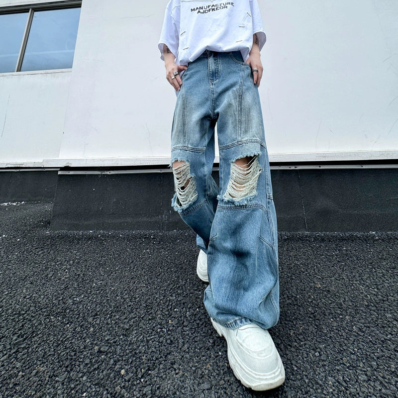 Ripped Denim Straight Vintage Patchwork Wide-leg Pants