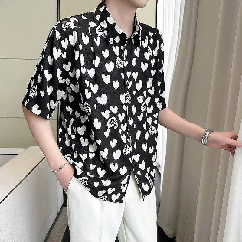 Ice Silk Loose Casual Heart Print Shirt