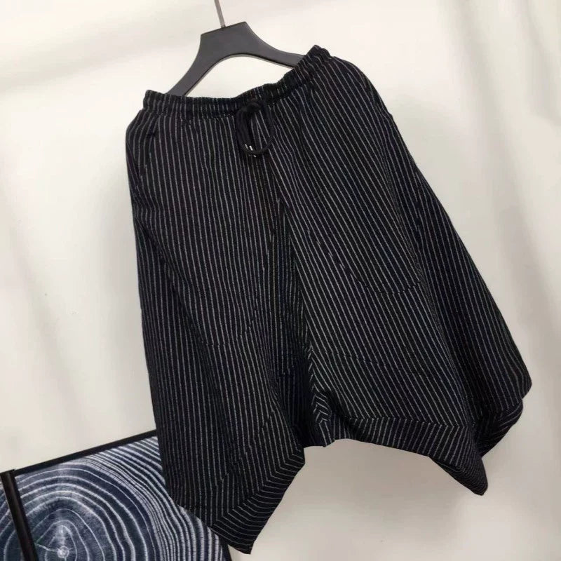 Loose Cotton and Linen Striped Drop Crotch Harem Pants