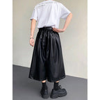 PU Leather Pleated Loose Wide-leg Cropped Trousers