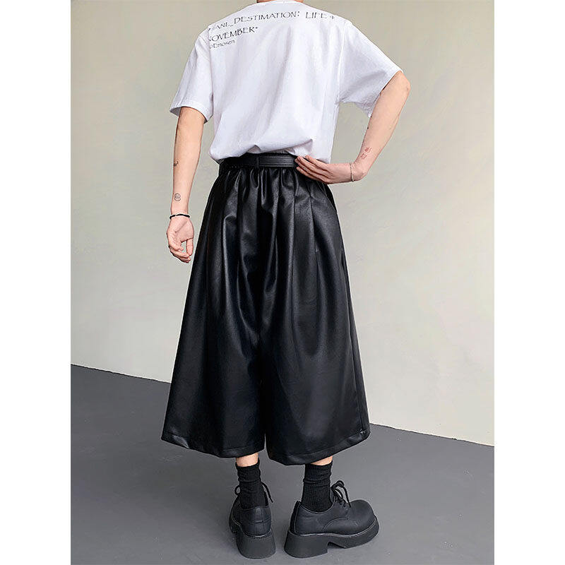 PU Leather Pleated Loose Wide-leg Cropped Trousers
