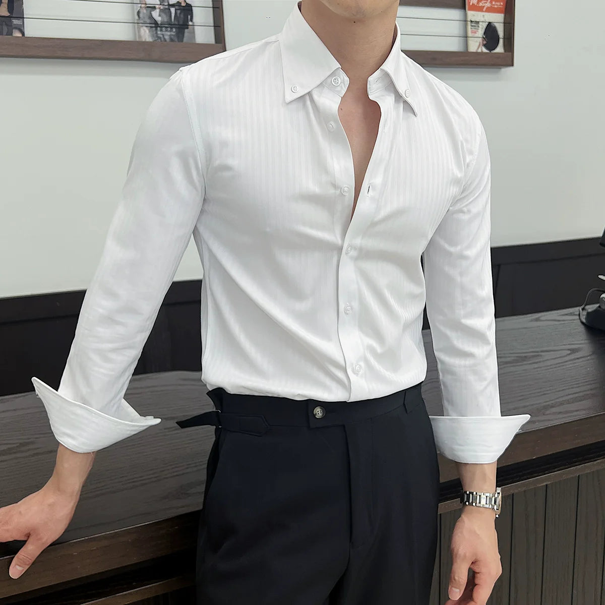 Striped Point Collar Casual Slim Shirt