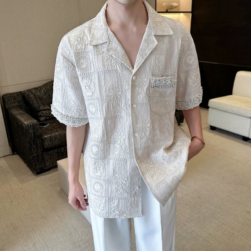Jacquard Embroidered Cuban Collar Rhinestone Shirt