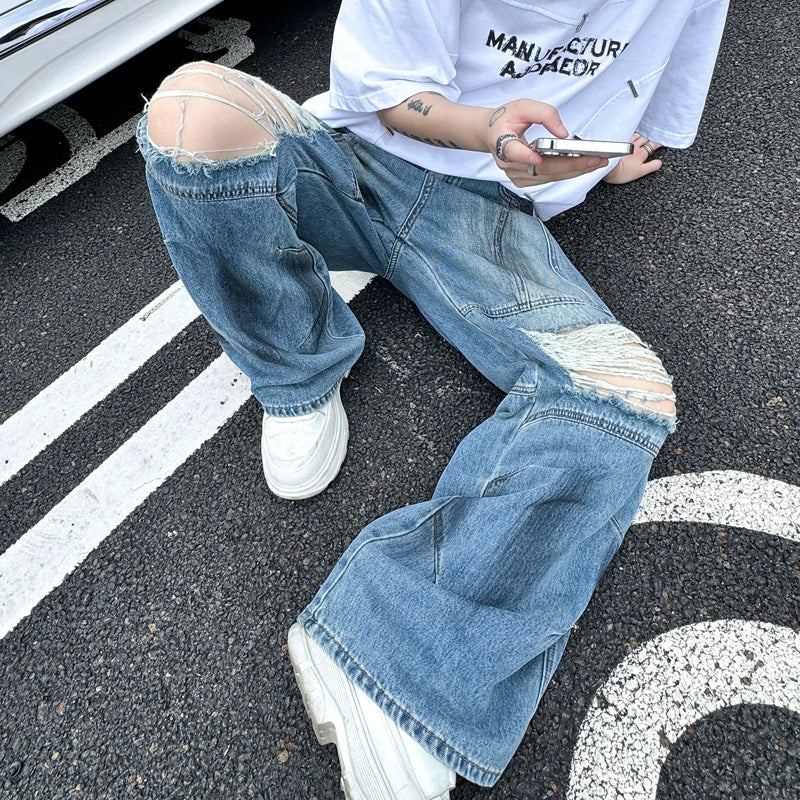 Ripped Denim Straight Vintage Patchwork Wide-leg Pants