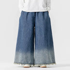 Japanese Retro Denim Gradient Color Raw Edge Wide Leg Pants