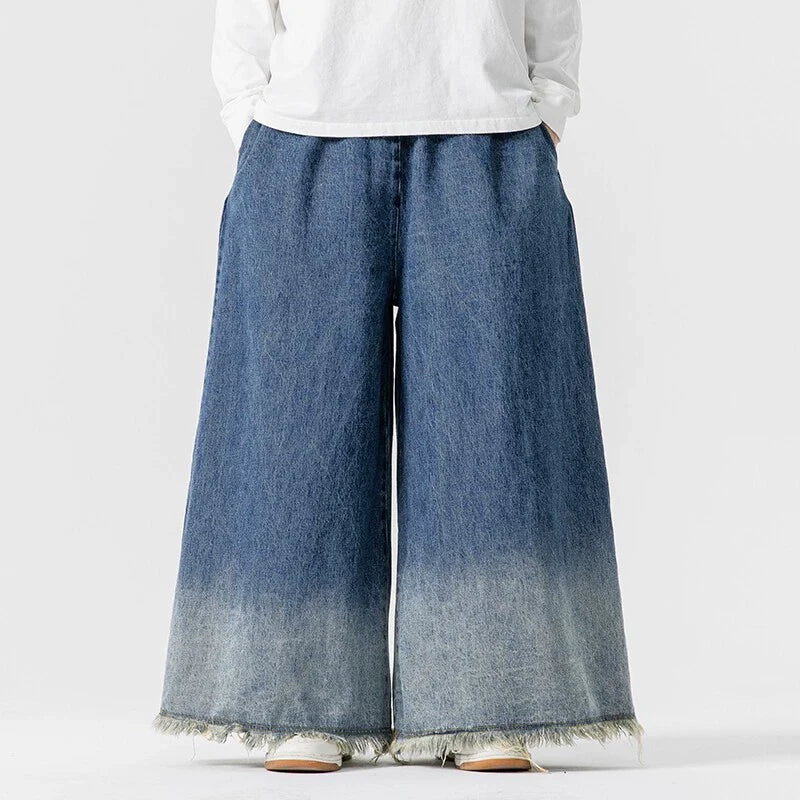 Japanese Retro Denim Gradient Color Raw Edge Wide Leg Pants