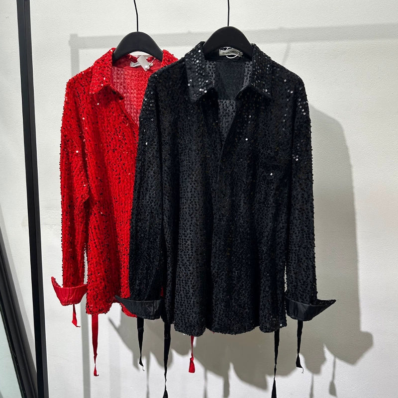 Irregular Design Sequined Lace-up Shirt