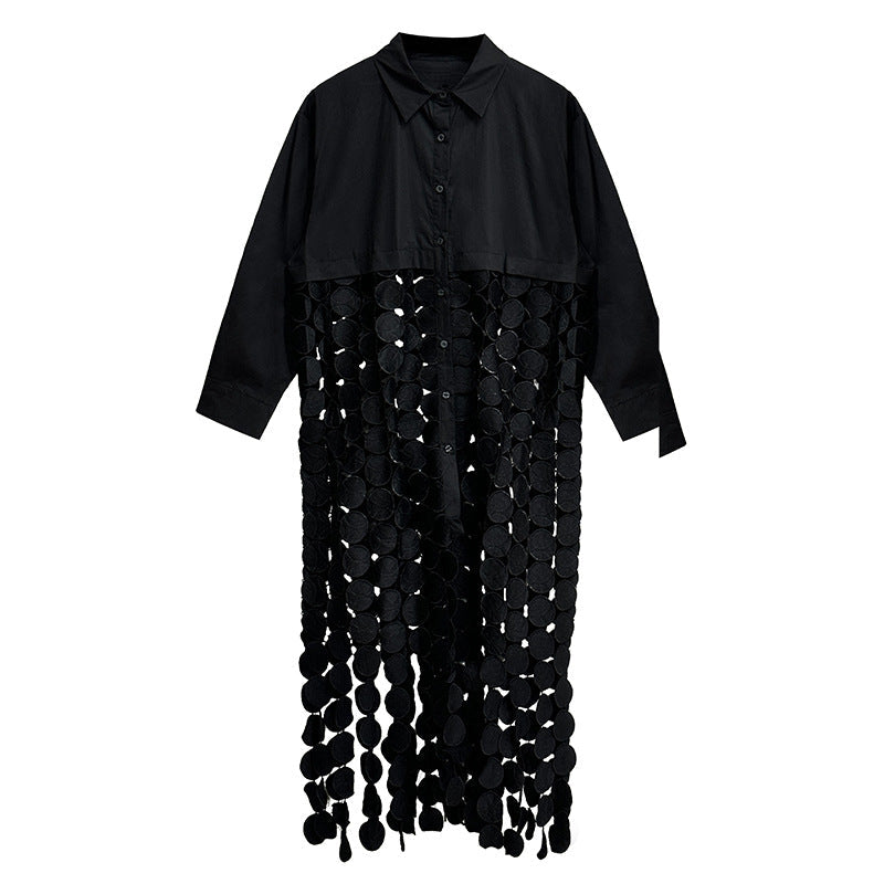 Spliced Hollow Circle Tassel Casual Shirt Dress