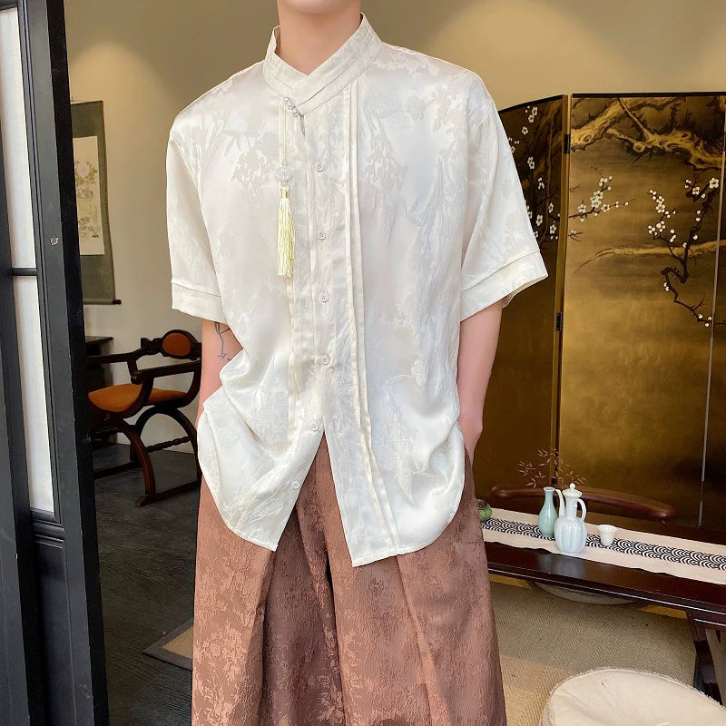 Summer Vintage Satin Jacquard Tassel Shirt