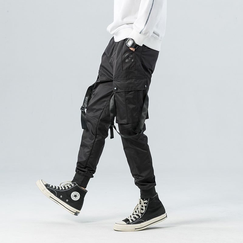 Black Slim-fit Multi-pocket Casual Pants