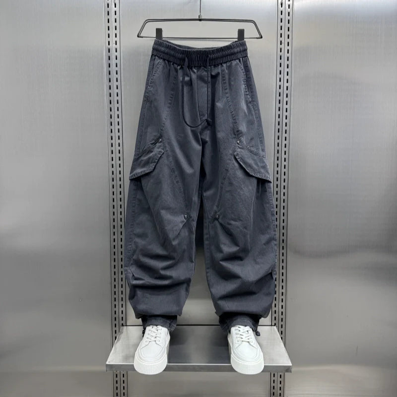 Retro Pleated Multi-Pocket Loose Straight Wide-Leg Pants