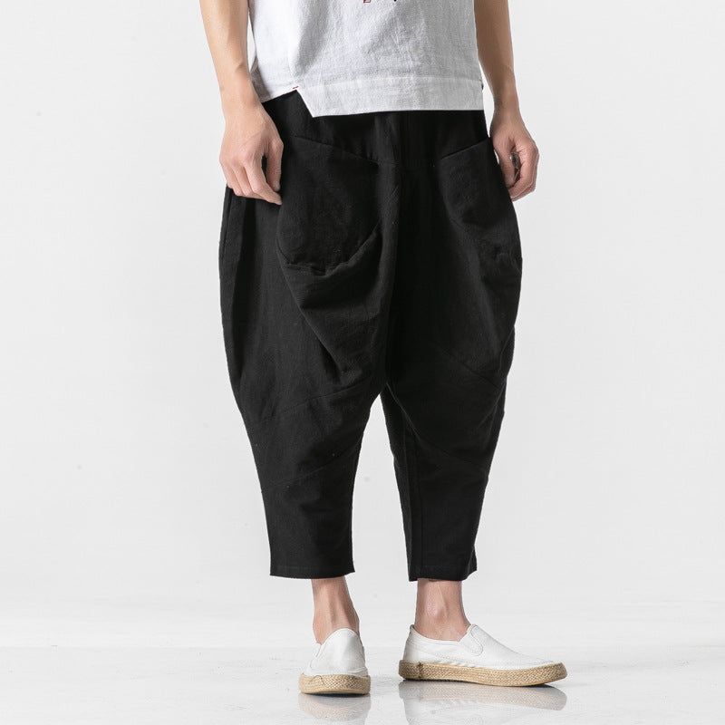 Cotton and Linen Cuffed Wide Leg Harem Pants