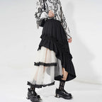 Contrast Color Panel Ruffled Mesh Skirt