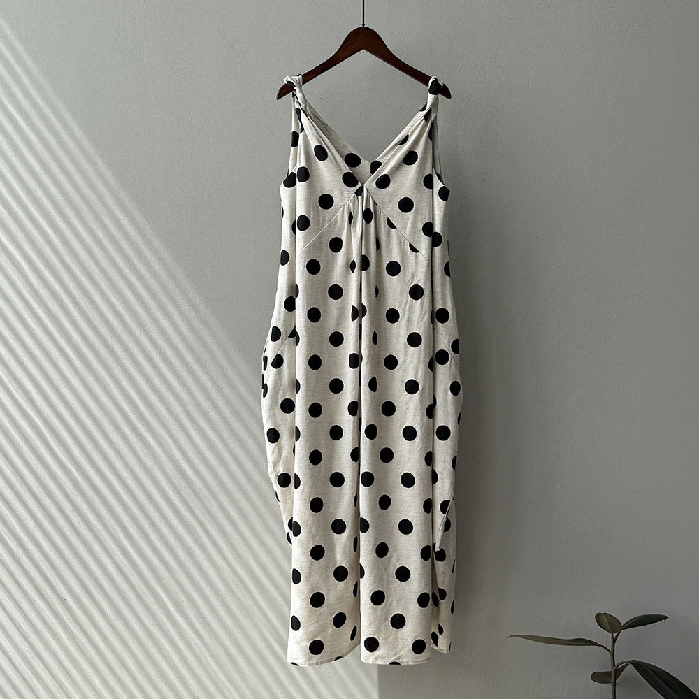 French V-neck Polka Dot Sleeveless Vest Dress