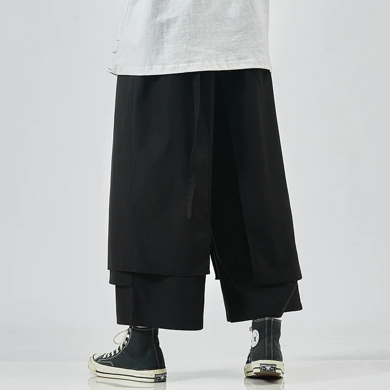 Japanese Style Flowing Straps Fake Two-piece Loose Casual Pants
