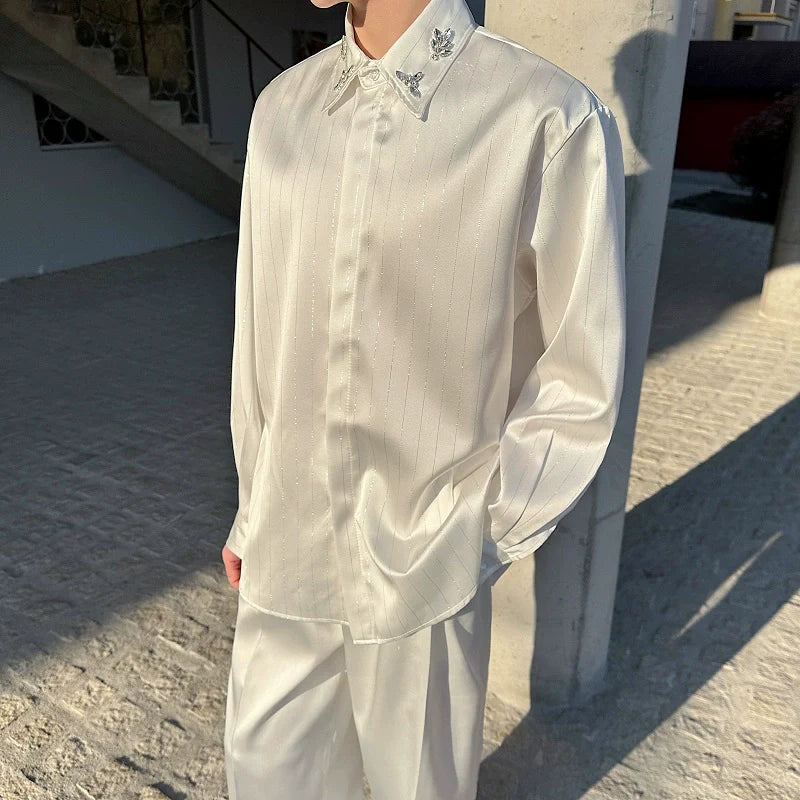 Rhinestone Striped Brocade Lapel Shirt
