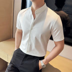 Summer Stand Collar Ice Silk Casual Waffle Shirt