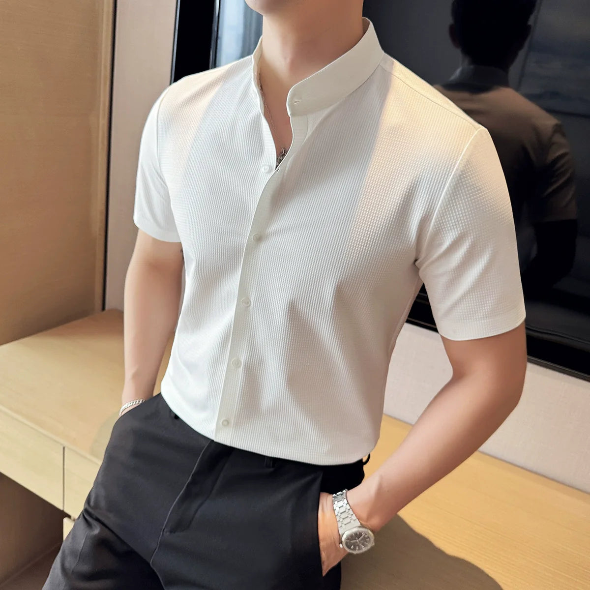 Summer Stand Collar Ice Silk Casual Waffle Shirt