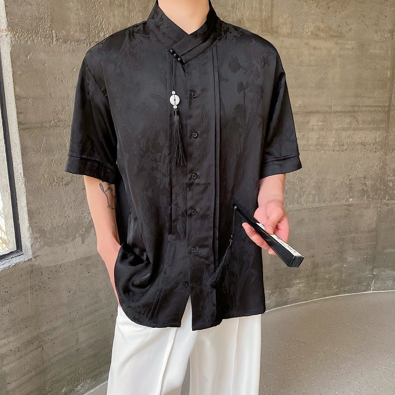 Summer Vintage Satin Jacquard Tassel Shirt