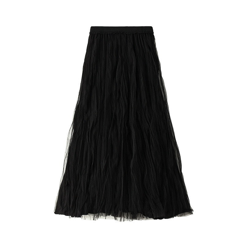 Mesh Pleated Long Skirt