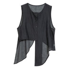 Round Neck Irregular Cotton and Linen Slit Vest