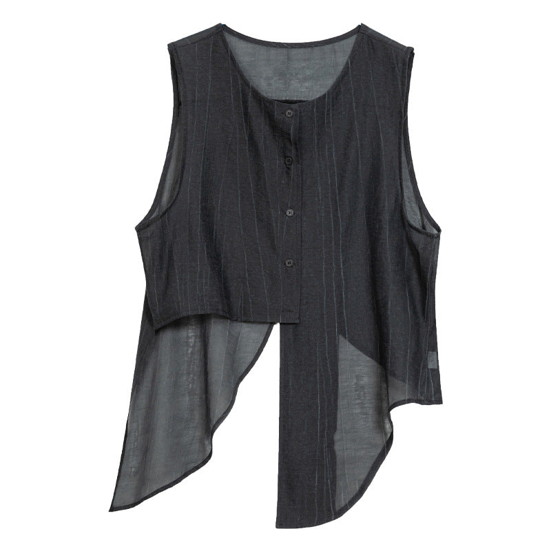 Round Neck Irregular Cotton and Linen Slit Vest