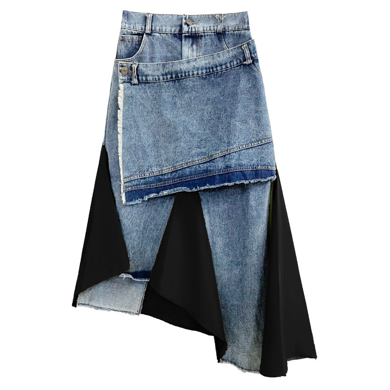 Mid-rise Asymmetrical Paneled Contrast Denim A-line Skirt