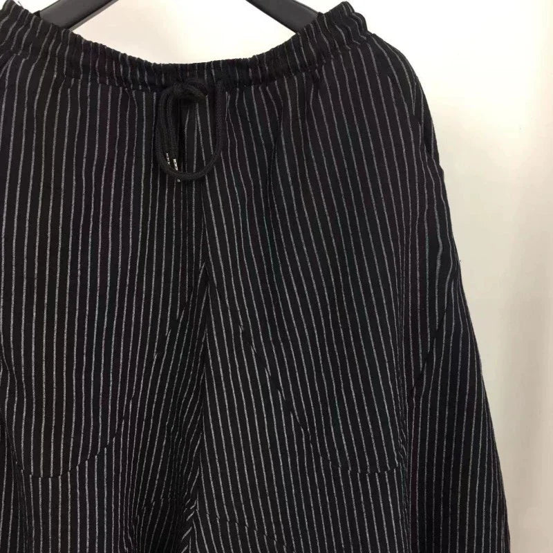 Loose Cotton and Linen Striped Drop Crotch Harem Pants