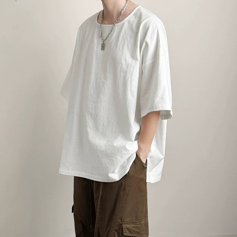 Japanese Loose Large Collar Cotton and Linen T-shirt