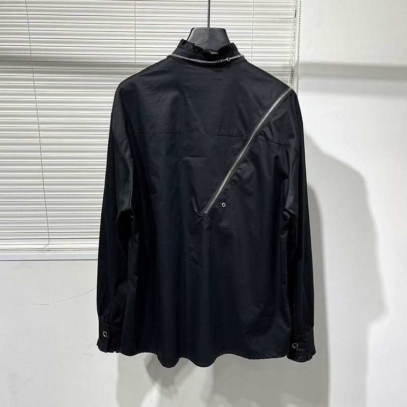 Zippered Loose-fitting Stand-up Collar Pleated Shirt