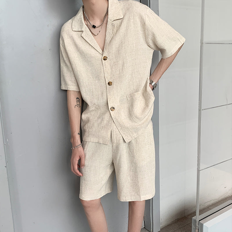 Vintage Cotton Linen Shirt Shorts Two-Piece Set