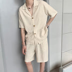 Vintage Cotton Linen Shirt Shorts Two-Piece Set
