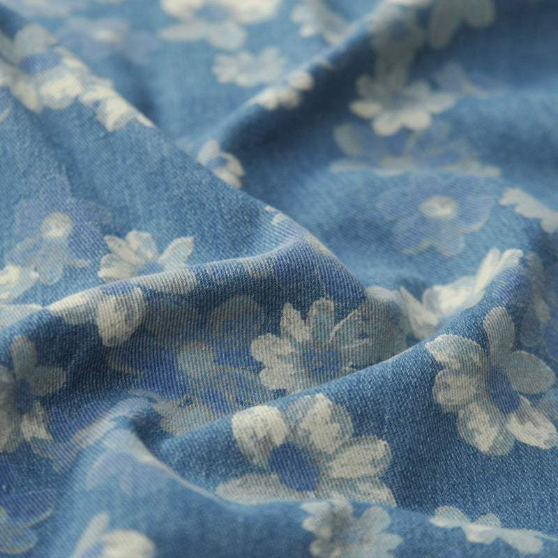 Vintage Floral Print Short Sleeve Denim Shirt