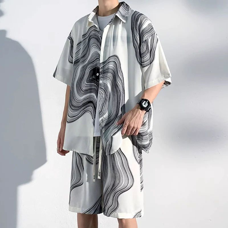 Summer Thin Ice Silk Drape Casual Shirt Loose Shorts Two-piece Set
