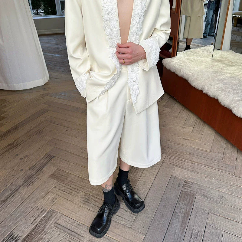 Lace Trim Blazer Casual Straight Wide-leg Shorts Two-piece Suit
