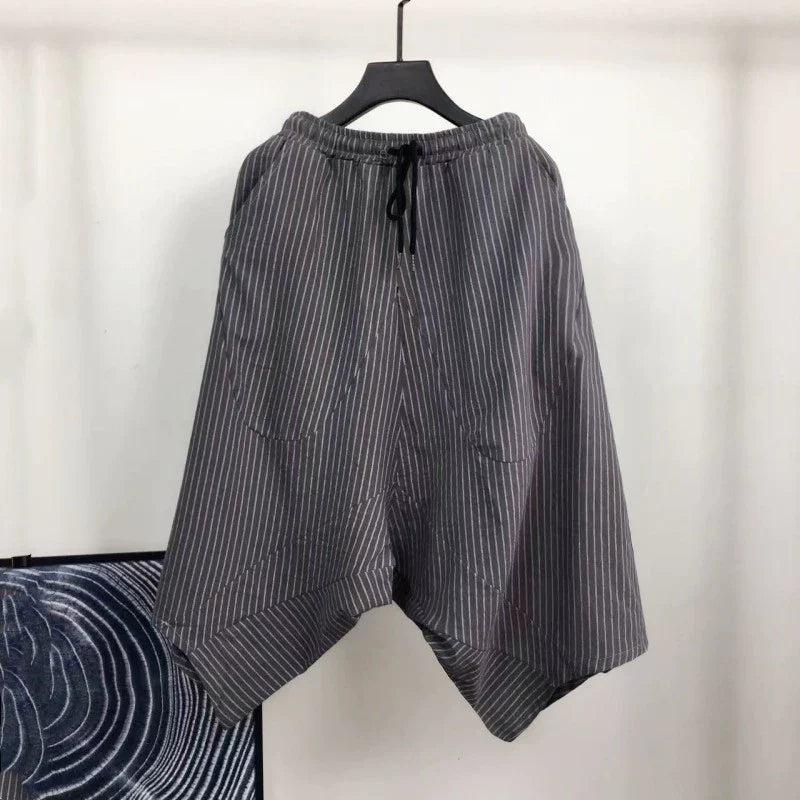 Loose Cotton and Linen Striped Drop Crotch Harem Pants