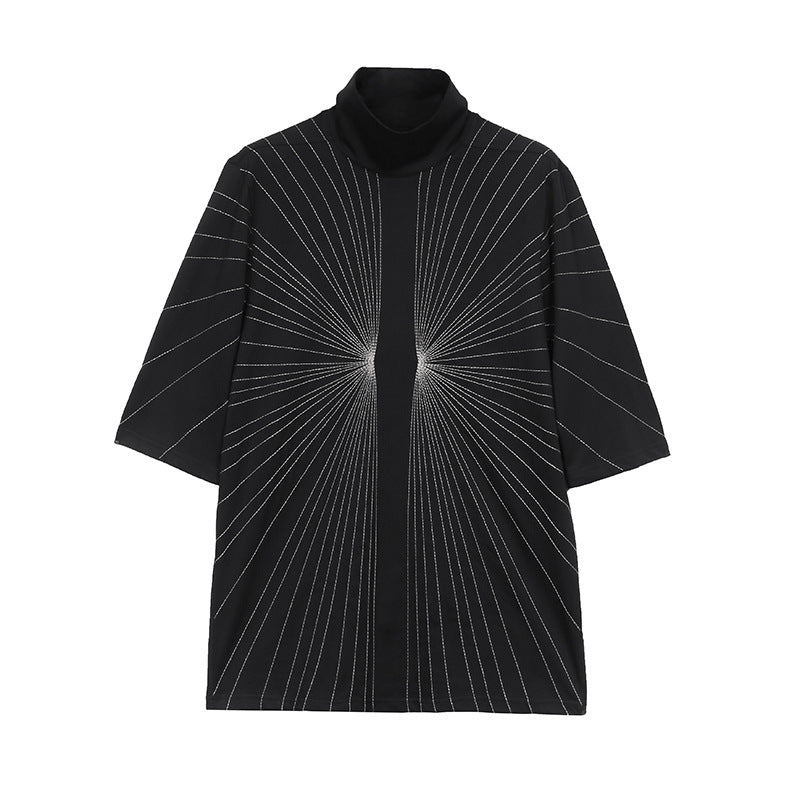 Ray Embroidery Loose Stand Collar Casual T-shirt