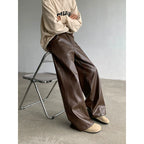 Vintage PU Leather Straight Wide-leg Casual Pants