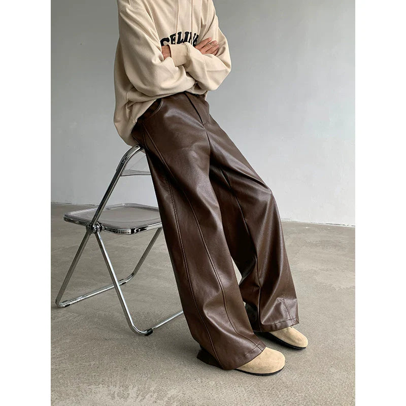 Vintage PU Leather Straight Wide-leg Casual Pants