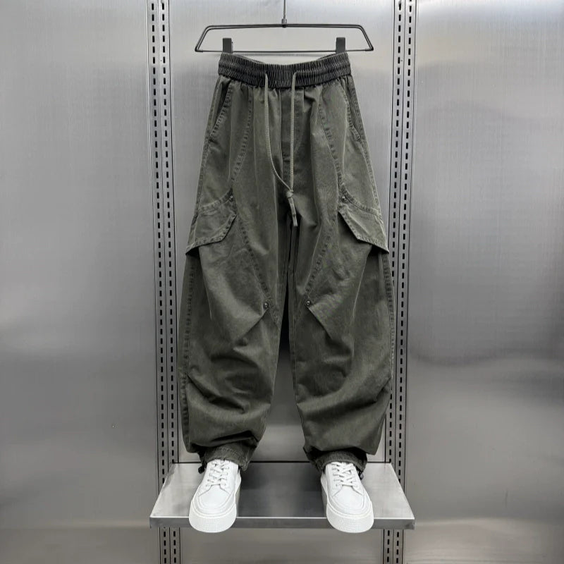 Retro Pleated Multi-Pocket Loose Straight Wide-Leg Pants