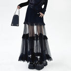 French Denim Patchwork Mesh Skirt