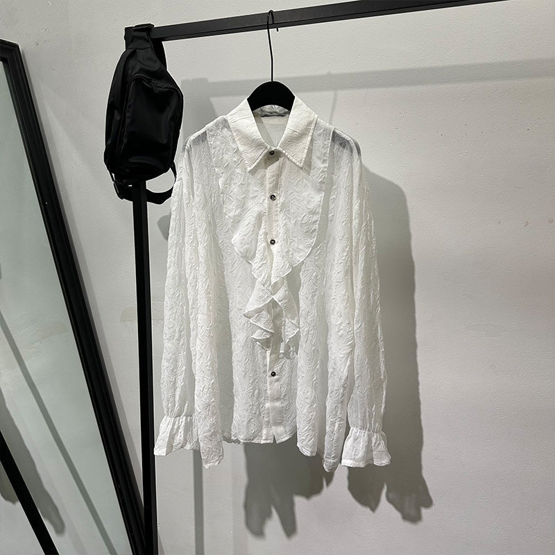Vintage Pleated Embossed French Loose Hollow Breathable Shirt